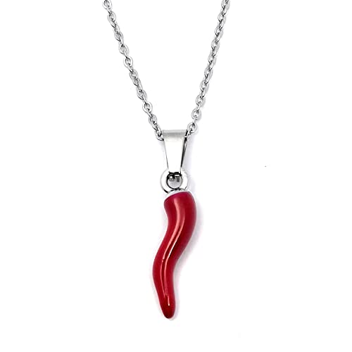 Generico Collana Peperoncino Donna in Acciaio   Collana con Ciondolo Corno Cornetto Rosso Portafortuna   Simbolo Porta Buona Fortuna   Color Argento