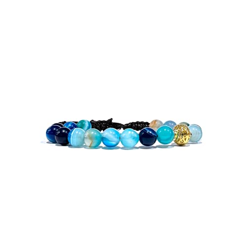 Samsara Bracciale Tibetano Buddista, lunghezza Regolabile, gioiello mistico Portafortuna Filo in cotone cerato ad alta resistenza (AGATA BLU STRIATA)