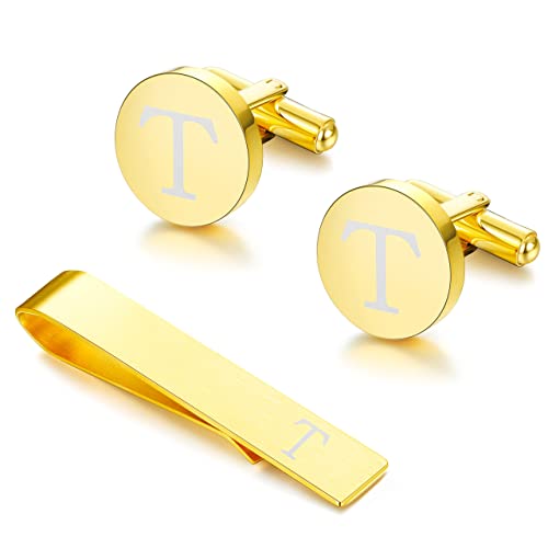 Diamday Gemelli & Fermacravatta Uomo con Iniziali Alfabeto Lettera A-Z Gemelli Fermacravatta Oro personalizzato in acciaio inox Regalo con Scatola per Matrimonio, Sposi, Marito, Padre