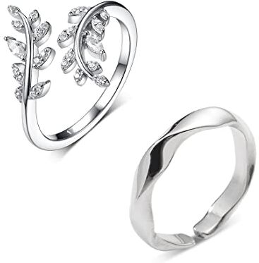 ACYDSR 2 Pezzi Anelli Donna Argento 925, Foglia di Olivo Anelli Donna Regolabili, Diamante Simulato Zirconi Anniversario Anello Donna Regolabile, Gioielli Donna,Gioiello Minimalista,Knuckle Rings