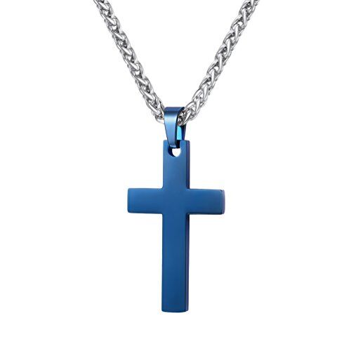 PROSTEEL Personalizzione Gratis Collana Pendente con Cindolo di Croce Semplice Acciaio Inossidabile, Catena 55 60 cm, Confezione Regalo Gratuito, per Donna/Uomo, Color Blu