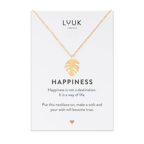 LUUK LIFESTYLE Collana elegante da donna con pendente Foglia e carta regalo HAPPINESS, accessorio di moda moderno e minimalista, gioiello quotidiano, portafortuna, oro