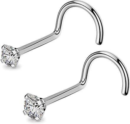 OUFER Piercing da Naso in Titanio Massiccio, 20G Piercing Naso Titanio Anello Nostril Orecchino Brillantino Anelli Studs S Curvato Piercing a Gioielli Donna 2mm 3mm CZ Round Nose Ring Screw Jewelry