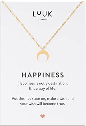 LUUK LIFESTYLE Collana elegante da donna con pendente Luna e carta regalo HAPPINESS, accessorio di moda moderno e minimalista, portafortuna, oro