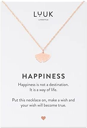 LUUK LIFESTYLE Collana in filigrana con design raffinato con ciondolo ginkgo foglia e dedica HAPPINESS, acciaio inossidabile, idea regalo alla moda per donna e ragazza, rosa