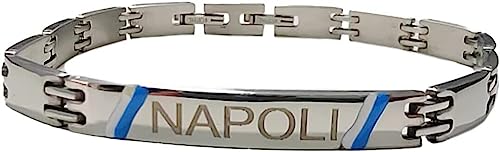 gioiellitaly Bracciale targa napoli regolabile in acciaio scritta Napoli calcio smalto bianco azzurro regalo ragazzo uomo tifoso del napoli