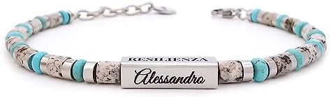 ALMENDRA Bracciale da uomo personalizzato con incisione perle braccialetto colorato moda regolabile perline palline pietre ragazzo personalizzabile regalo nome inciso scritta (Diaspro e aulite turchese)