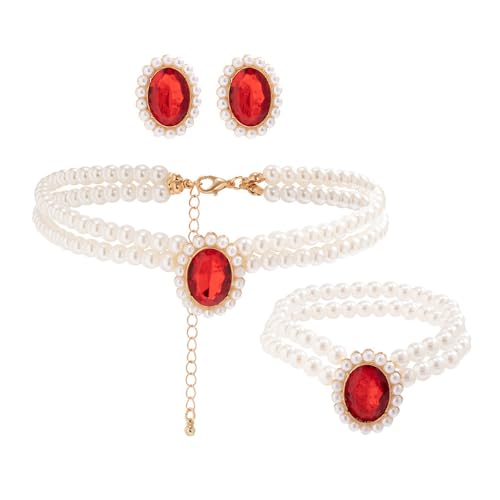 TOFBS 3 Pezzi Collana di Perle Set Ciondolo di Smeraldo Collana e Orecchini Bracciali Set Collane Perle di Plastica Gioielli per Sposa San Valentino Regali Rosso