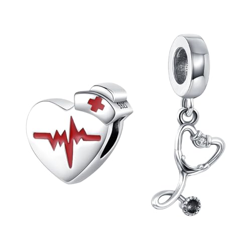 Amuefer Stetoscopio & Infermiera Battito Cardiaco Charms Compatibili Bracciale Collana, Argento Sterling Ciondolo Compleanno Natale Gioielli Regali per le Donne Moglie Amici