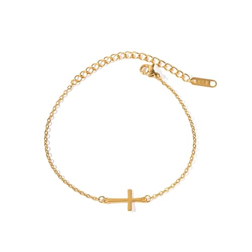 Kryzalite Bracciale da donna con perle in oro 18 K, regolabile, in acciaio inox, piccolo braccialetto a croce, gioiello da damigella d'onore