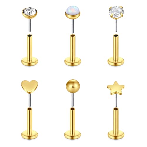 VF VFUN 16G Piercing Labbro Labret Acciaio Chirurgico Diamante CZ Helix Trago Cartilagine Orecchino 6mm Piercing Gioielli per Donna Uomo Oro