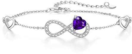 Qings Bracciale Infinito Donna Argento 925 con Ametista Infinity Cuore Febbraio Pietre di Nascita Bracciali Regolabile Viola Gemma Braccialetto Gioielli Regalo San Valentino per Moglie Donne Ragazze