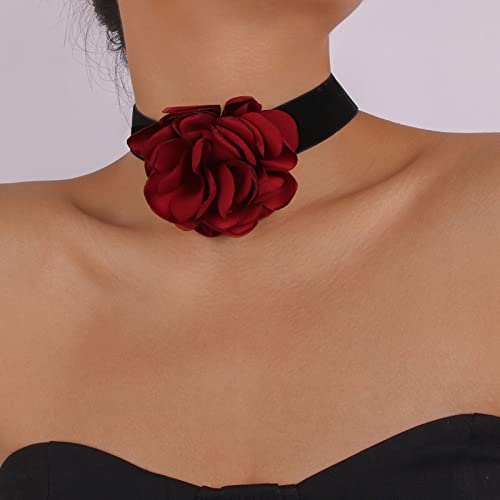 Wendalern Boho Collana girocollo in velluto nero Collana con fiori rossi Collana con rose 3D Collana con colletto in raso elastico Collana con fiori grandi esagerati Gioielli Collana Cosplay Regali