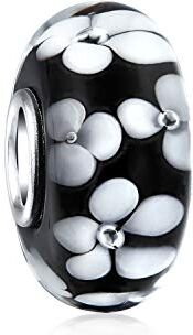 Bling Jewelry Vetro Di Murano .925 Argento Sterling Nucleo Floreale Nero Bianco Fiore Distanziatore Perlina Charm Adatto Bracciale Europeo Per Donne Teen