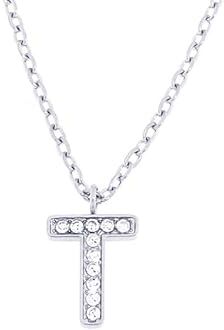 Stellazeta Collana Donna con Iniziale T in acciaio color argento con strass, Catenina con Ciondolo Lettera in Cristalli Luminosi, Collanina girocollo ragazza