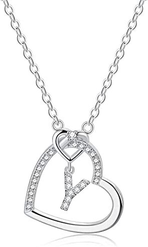 LIHELEI Collana Donna Argento, S925 Argento 26 Lettera Maiuscola Con Zirconi Collana a Cuore per Fidanzata Compleanno San Valentino Natale Anniversario Festa Della Mamma Gioielli Donna Regalo Y