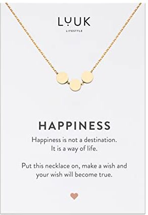 LUUK LIFESTYLE Collana da donna in acciaio inossidabile con pendente Tre cerchi e cartolina HAPPINESS, stile chic ed elegante, accessorio alla moda, oro