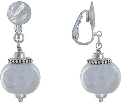 LES POULETTES BIJOUX Orecchini Clip in Metallo Argento e Grandi Perle di Ceramica Grigio Chiaro