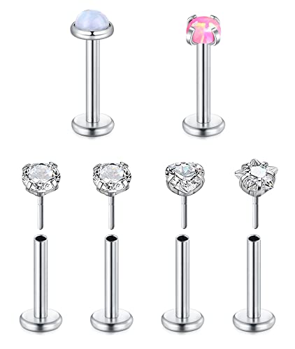 Longita 16G Threadless Piercing Trago Orecchini Stud 8MM Piercing Labbro Acciaio Inox Diamante CZ Opale Intarsiato Labret Anelli Helix Gioielli