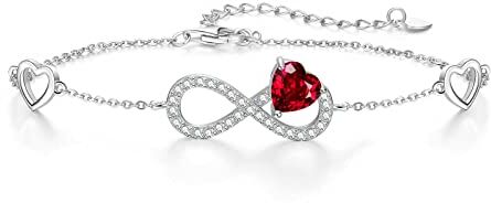 Qings Bracciale Infinito Donna Argento 925 con Granato Infinity Cuore Gennaio Pietre di Nascita Bracciali Regolabile Rosso Gemma Braccialetto, Gioielli Regalo Compleanno per Mamma Donne Ragazze