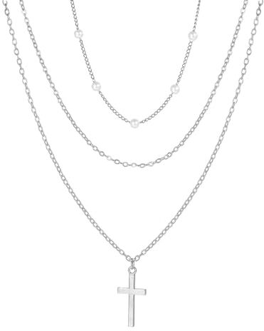 Wedity Croce Collana Collana Perla Collare Catena Layered Croce Pendente Collane Semplici Gioielli per le Donne (Argento)