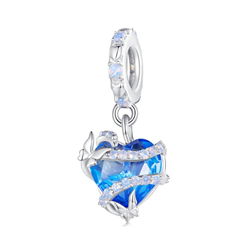 luvhaha Dream Magic Love Blue Heart Charms con farfalla, in argento sterling 925, con ciondolo a forma di cuore, idea regalo per braccialetti Pandora, Argento sterling