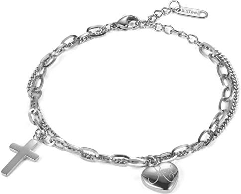 JewelryWe Bracciale da Donna Cuore Croce Regolabile in Accciaio Inossidabile Colore Argento Regalo