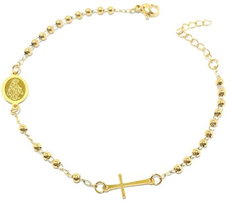 Generico Bracciale Rosario Oro in Acciaio da Uomo Donna con Croce e Medaglietta Madonnina Braccialetto Unisex (Oro)