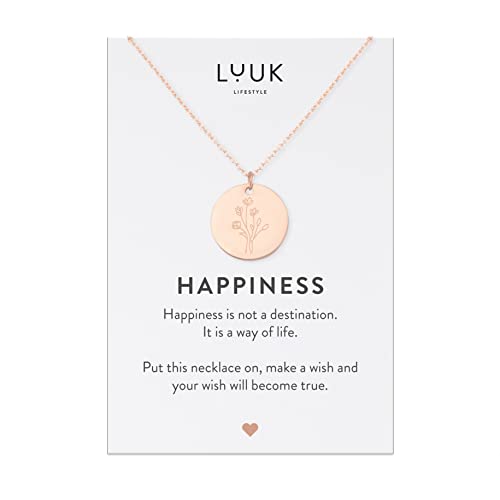 LUUK LIFESTYLE Collanina in filigrana con ciondolo a fiore e dedica HAPPINESS, in acciaio inox, idea regalo per donna e ragazza, stile semplice e delicato, catenina dell'amicizia, rosa