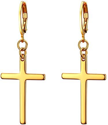 JewelryWe Gioielli Orecchini Unisex Lungo, Orecchini a Cerchio con Pendente Croce, in Acciaio Inossidabile, Colore Argento/Nero/Oro, Regalo