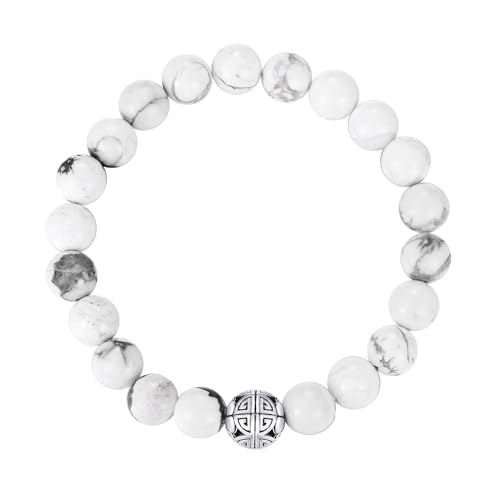 MetJakt Gemme naturali 8mm  Healing Crystal braccialetto di perline elasticizzato con pendente in argento 925 doppia felicità (Howlite)