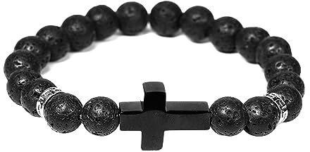 Manfnee Manfnne 8mm Croce Pietra lavica Bracciale Nero Uomo Donna Elastica Braccialetti Perline Naturale Energia Regalo Amica Amore