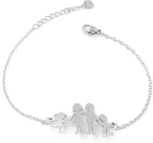 Generic Bracciale della Famiglia in Acciaio, Braccialetto con Ciondolo Genitori e Figli per Uomo Donna, Simbolo di Amore per la Famiglia (Mod.1 Mamma + Papà + Figlia + Figlio Argento)