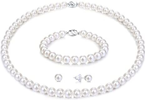 Morfetto Collana di Perle Set per Le Donne degli Uomini Bianco Rotondo simulato Borsette Sterling Argento Collana di Perle Orecchini 6MM Choker Collana di Perle Set con Confezione Regalo 16Inch