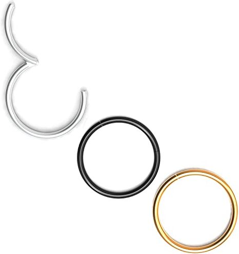 Body CAC 3 Pezzi-1.0mm×9mm Piercing Naso Orecchini Acciaio Chirurgico,Hinged Anallergici Segment Ring Finto Nostril Piercing Trago in Acciaio-Oro/Argento/Nero