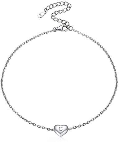 ChicSilver Cavigliera Donna in Argento Sterling 925, Ciondolo Cuore Alfabeto Lettera Iniziale Piccolo Delicato alla Moda, Catena Rolo Regolabile Sottile 22 + 5 CM, con Confezione Argento C