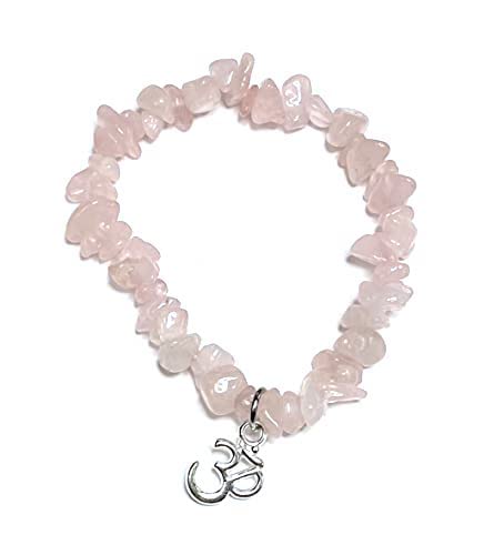 Generico Bracciale elastico chip pietre vere naturali con ciondolo OM metallo color argento QUARZO ROSA