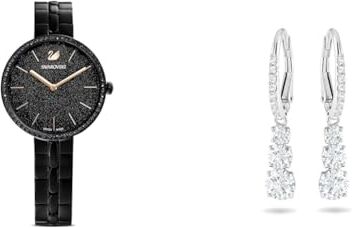 Swarovski Cosmopolitan Orologio, con Cristalli e Bracciale di Metallo, Finitura in Nero, Meccanismo al Quarzo, Nero & Orecchini Attract Trilogy, Bianco, Placcato rodio