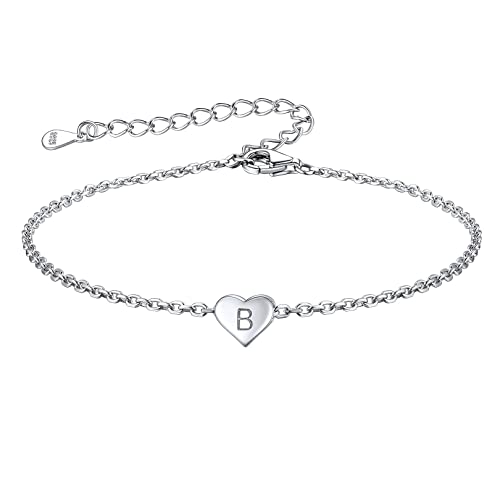 FOCALOOK Bracciale Donna Argento 925 Bracciale con Lettera B Bracciale Inziale B Bracciale Argento Cuore con Lettera Braccialetto per Mamma Bambina Ragazza