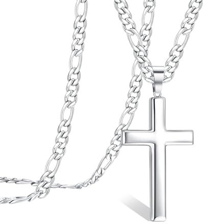 JeweBella Collana Croce Uomo Donna Acciaio Inossidabile Collana Ciondolo Croce Argento Collane con Figaro Catena 3MM Collane Lunghe 61CM Religioso Regalo Gioielli