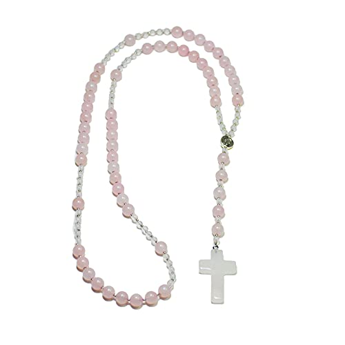 BabioKa Rosario in Quarzo Rosa, rosario in Pietra Naturale, Collana Quarzo Rosa per Donna, rosario Minerale, rosario Acciaio inossidabile, rosario Preghiera, rosario Comunione,Regalo per la Comunione 6 cm.