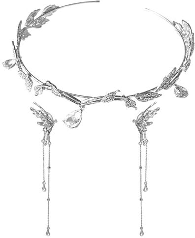 NYGGTYK 1 tiara nuziale con 1 paio di orecchini a farfalla, in cristallo, con foglie di strass, tiara di carnevale, per donne, accessori per gioielli alla moda, corone da sposa