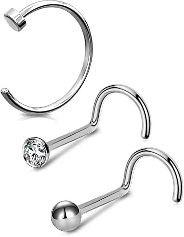 OUFER 20G 3PCS Piercing Naso Titanio Anello Nostril Orecchino Naso Brillantino Anelli Studs S Curvato Piercing Nose Ring Screw 8mm Hoop CZ Jewelry Donna Gioielli