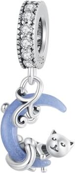 Qings Gatto Luna Ciondolo Charm Animali Argento Sterling 925 che si Luminoso Illuminano al Buio con Cat Pendenti Compatibile con Braccialetti e Collane Europei