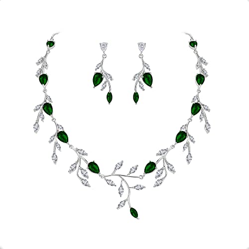 EVER FAITH Goccia Sposa Set Gioielli per Spose Scintillante Verde CZ Pera Maggio Birthstone Foglia Collana Orecchini Set per Prom