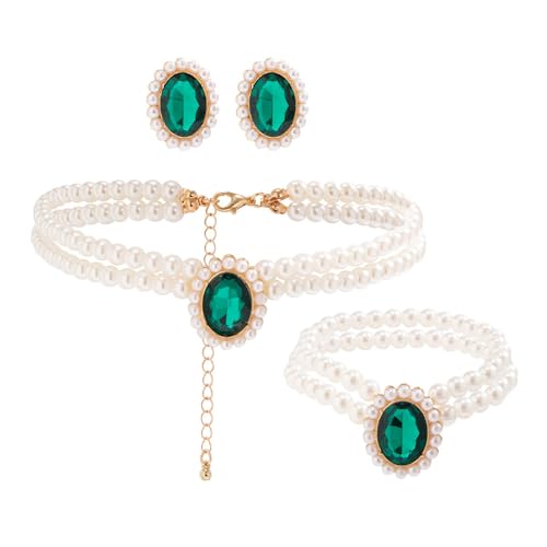 TOFBS 3 Pezzi Collana di Perle Set Ciondolo di Smeraldo Collana e Orecchini Bracciali Set Collane Perle di Plastica Gioielli per Sposa San Valentino Regali verde