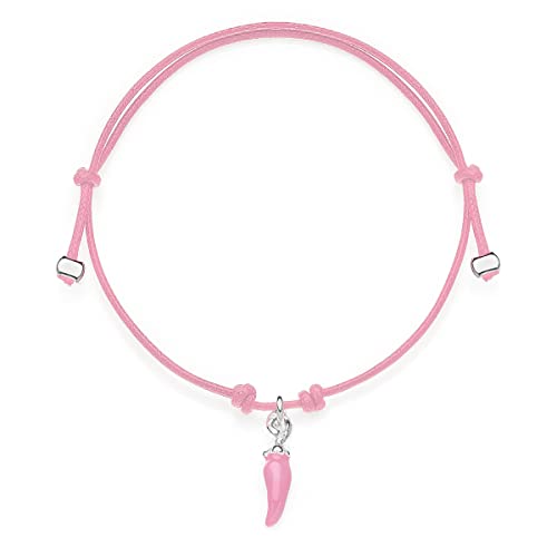 DOP Gioielli Gioielli DOP Bracciale Unisex Mini Cordino Rosa con Charm Peperoncino Mini in Argento 925 e Smalto Rosa Fatto a Mano in Italia