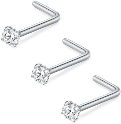 FECTAS 20G Piercing Naso Anello Acciaio Inossidabile Donna Uomo Nose Stud Ring L Forma Piercing Naso 2mm Diamond CZ Nostril Argento 3 pz