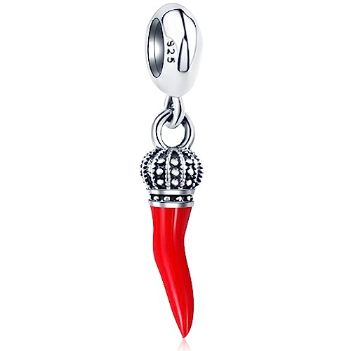 GLOWDAS Charms Corno Italiano Ciondolo Fit Braccialetto Fortunato Pandora, 925 Argento Sterling Italia Rosso Peperoncino Ciondolo Perline con Corona Regale, Regali per la nonna/Viaggio/Buona fortuna/Natale