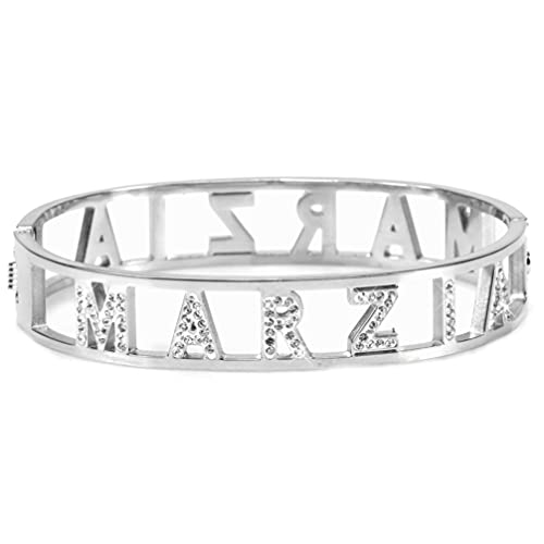 Flowers Bracciale Rigido Acciaio con Nome Vari e Zirconcini Sacchettino in tessuto Scritta nome ricoperta di strass Brillantissimi Bracciale a Manetta Donna Chiusura a molla Idea Regalo (Marzia 2)